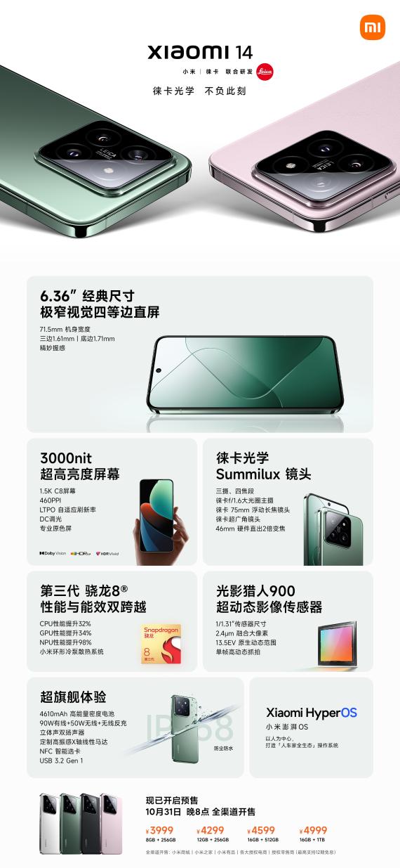 小米14正式发布：骁龙8Gen3 Pro同级主摄 3999起！