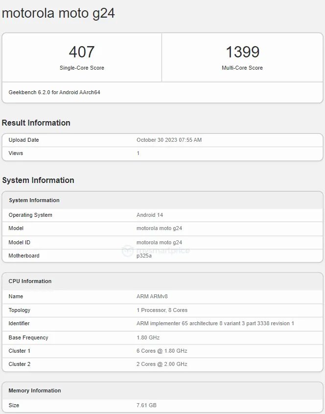 摩托罗拉 Moto G24 5G 手机跑分曝光：联发科八核处理器 + 8GB 内存