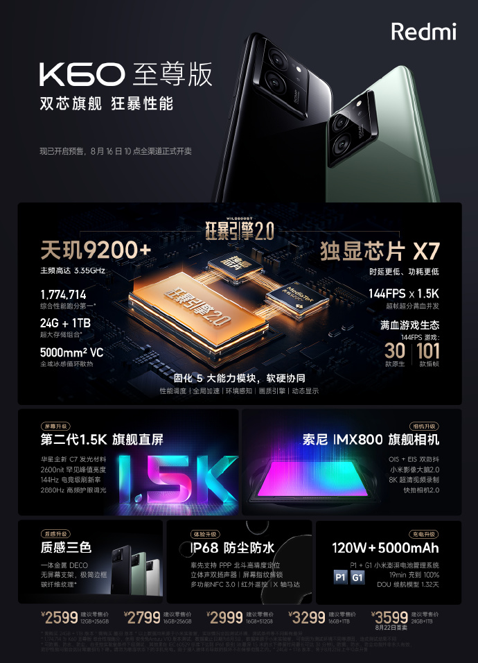 K60至尊版正式发布：12+256G起售价仅需2599！