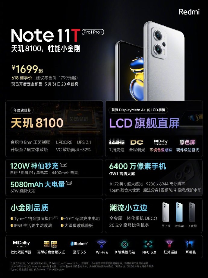 Redmi Note11T Pro发布：1699起售！刷新天玑8100新机底价