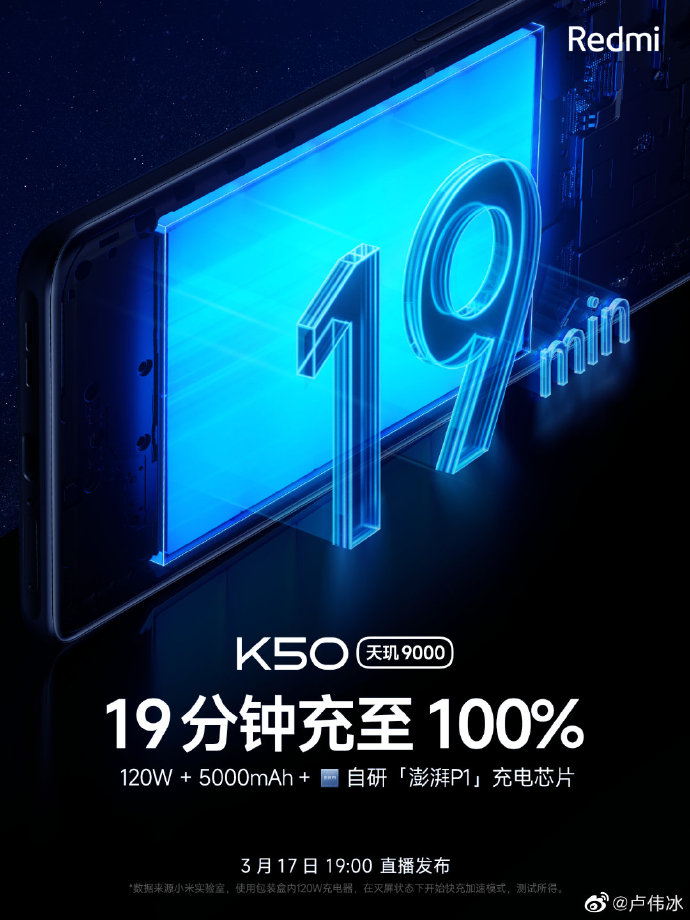 19分钟100%：K50搭载120W快充+5000mAh电池