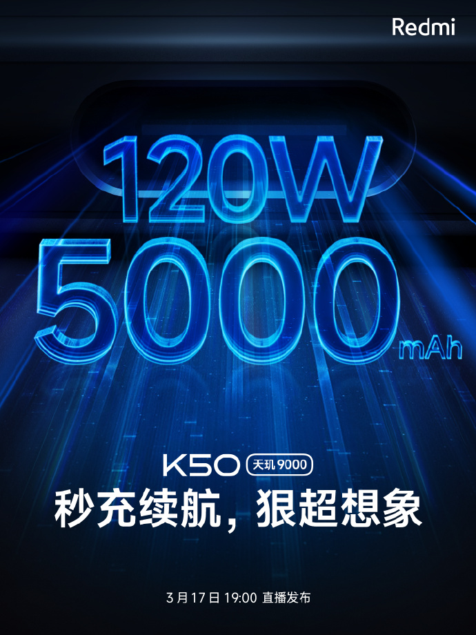 19分钟100%：K50搭载120W快充+5000mAh电池