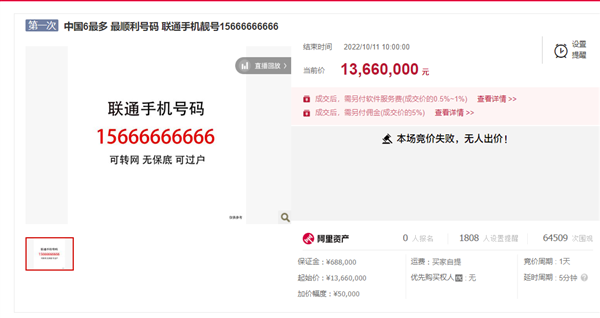 15666666666号码流拍 起拍价高达1366万元