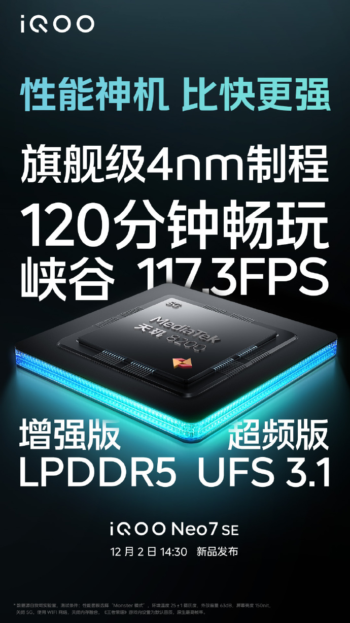 iQOO Neo7 SE官宣：天玑8200+增强版LPDDR5和超频版UFS3.1
