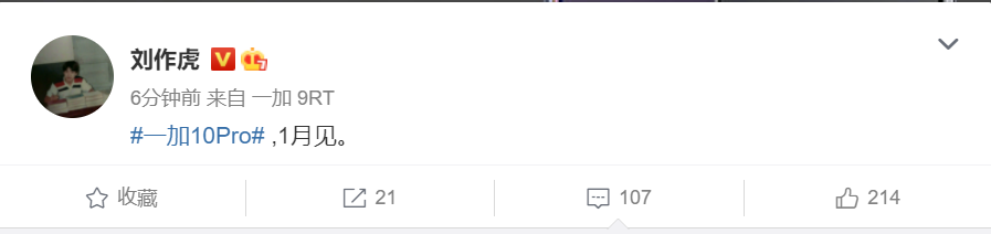 刘作虎官宣一加10 Pro：1月见