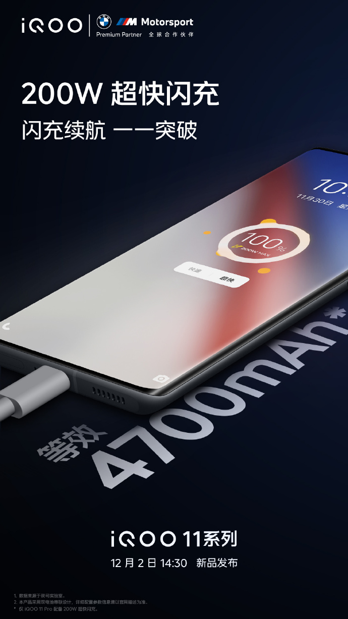 iQOO 11快充公布：200W！至快10分钟充满