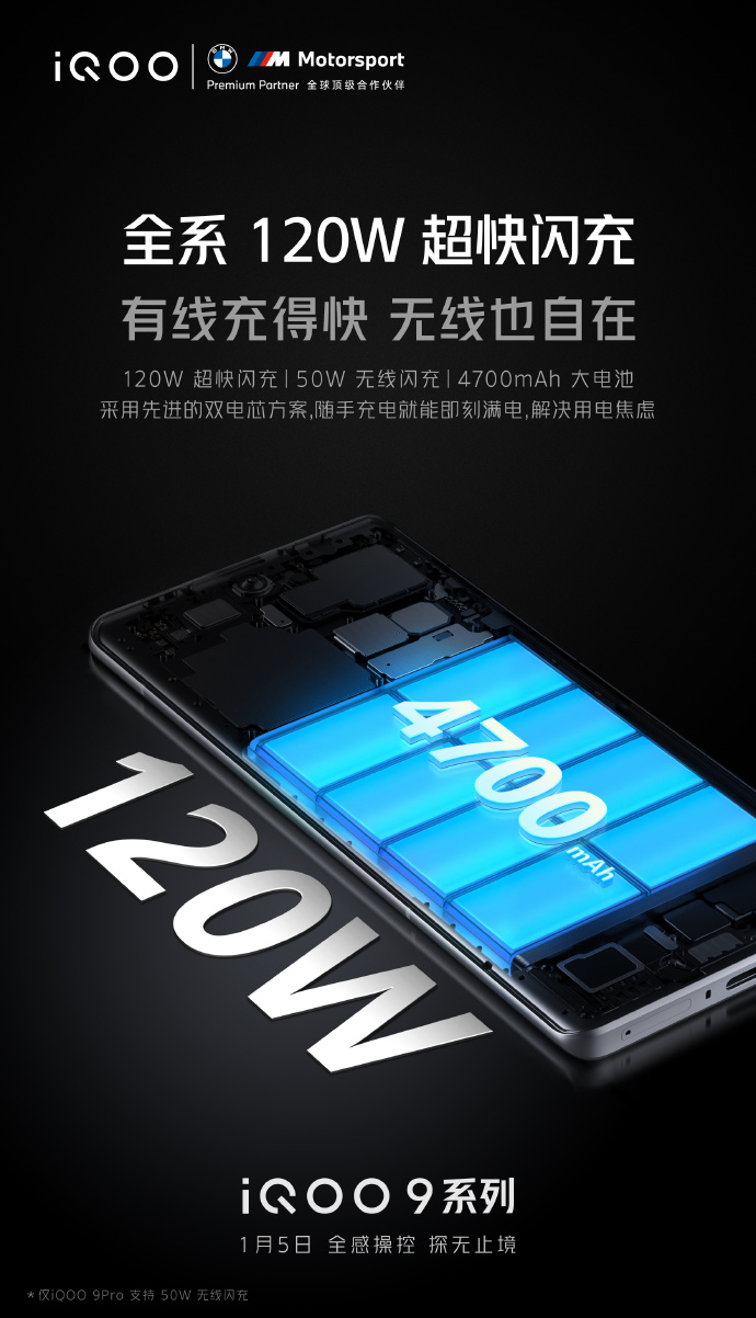 iQOO9全系标配4700mAh电池+120W快充