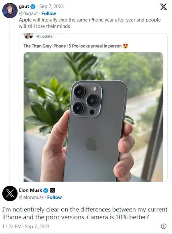 马斯克吐槽iPhone换代没诚意：和我之前的有什么不同？