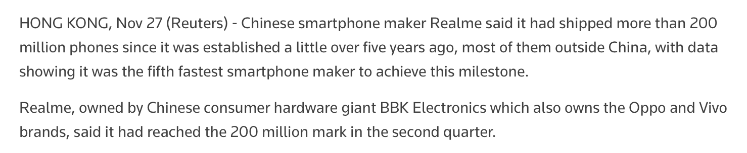realme 总出货量达 2 亿部里程碑，下月将推出真我 GT5 Pro 手机