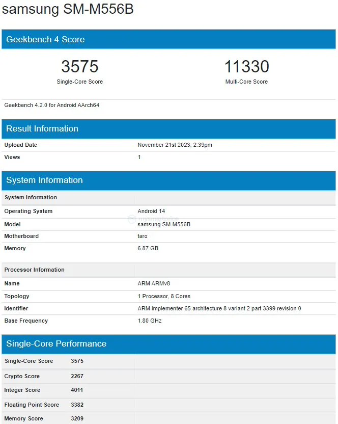 三星 Galaxy M55 5G 手机跑分曝光：骁龙 7 Gen 1 SoC+8GB 内存