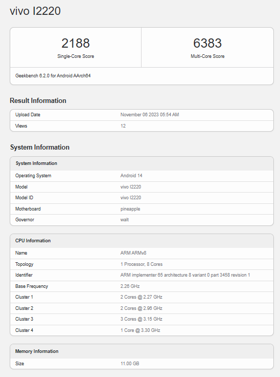 iQOO 12 手机现身 GeekBench 跑分库：骁龙 8 Gen 3 加持，今晚正式发布