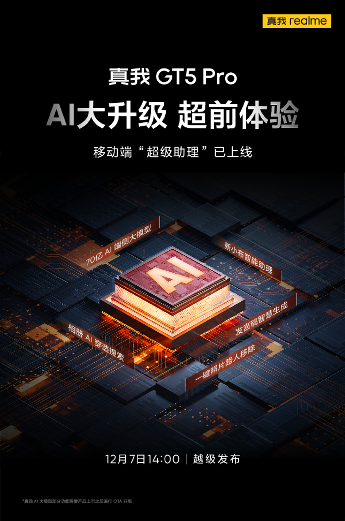 realme 真我 GT5 Pro 手机预热：接入 70 亿 AI 端侧大模型，新小布智能助理上线