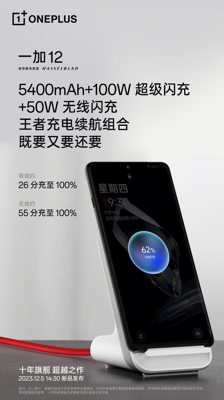 一加12新一轮预热：USB 3.2、IP65、5400mAh、100W快充