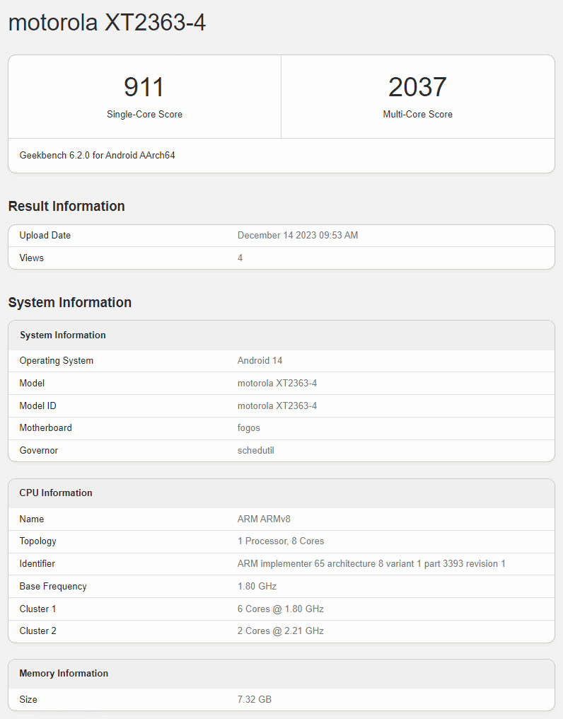 摩托罗拉 XT2363-4 手机曝光：骁龙 695+8GB 内存