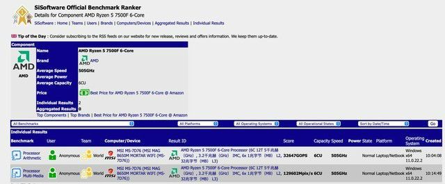 AMD R5 7500F处理器参数曝光：R5 7600无核显版