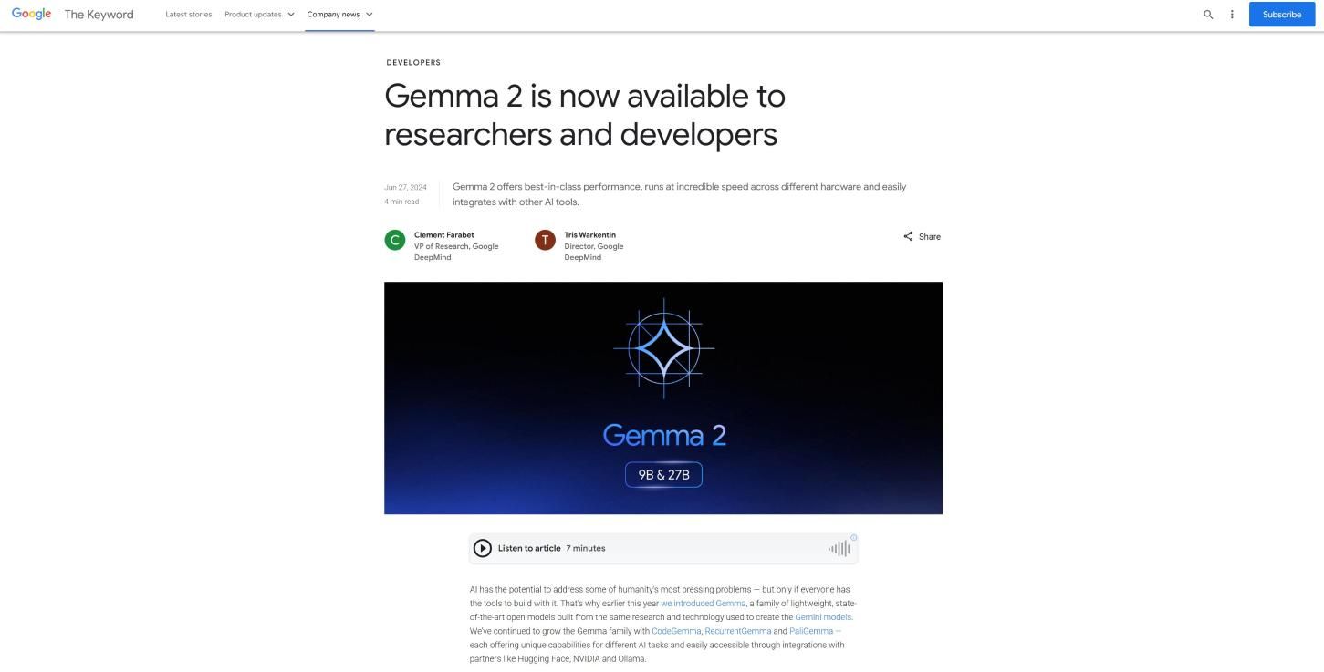 谷歌发布Gemma 2开源模型，规模大于主流模型两倍