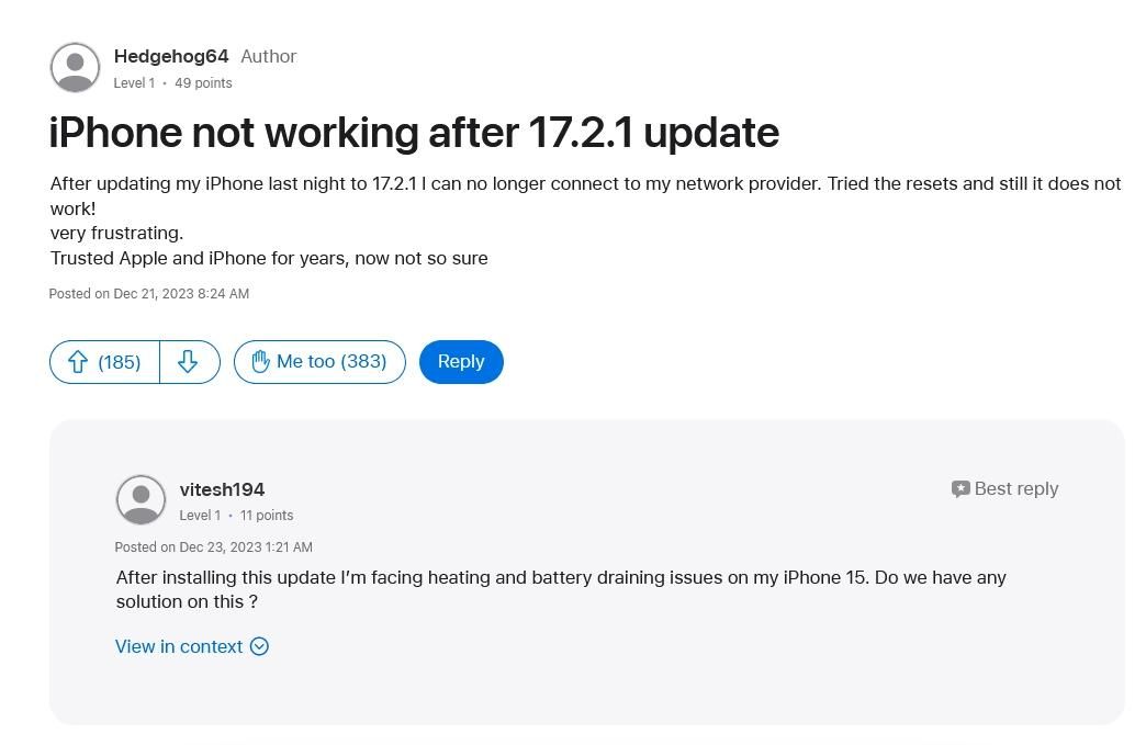 iOS 17.2.1存在通话问题和网络连接问题